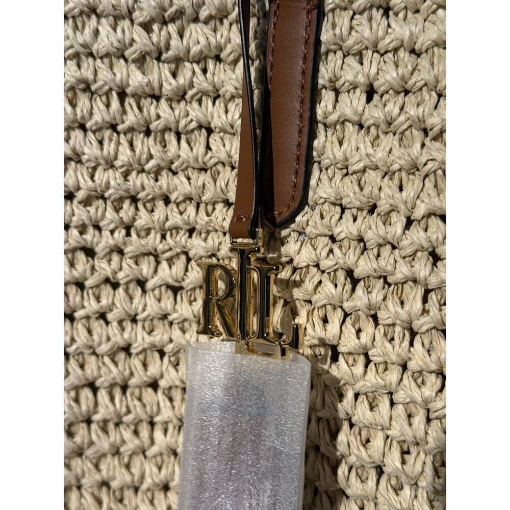 NWT Lauren RALPH LAUREN Crochet-Straw Medium Whitney Tote Natural/Lauren Tan - Picture 11 of 16